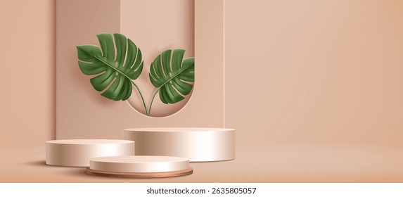 Luxury podium display with green monstera leaf and wooden platform. Minimalist 3d background in pastel beige color. Elegant showcase for natural, organic product presentation. Tropical plant scene.