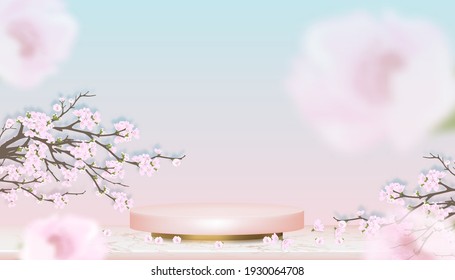 Luxury Podium Display with Spring Apple Blossom on Blue and Pink pastel Sky background,Vector Realistic 3D of Pink Gold Cylinder Stand platform on Rose gold foil Marble with Blossoming pink sakura 