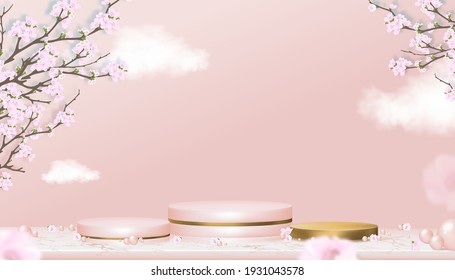 Luxury Podium Display with Spring Apple Blossom,Pearl on Blue and Pink pastel Sky background,Vector Realistic 3D of Pink Gold Cylinder Stand platform on Marble with Blossoming branches pink sakura