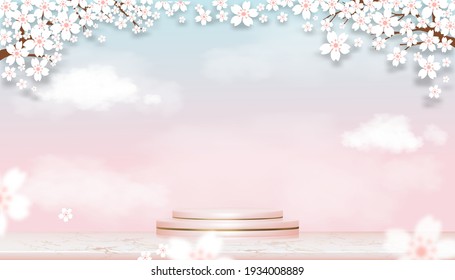 Luxury Podium Display with Spring Apple Blossom on Blue and Pink pastel Sky background,Vector Realistic 3D of Pink Gold Cylinder Stand platform on Rose gold foil Marble with Blossoming pink sakura 