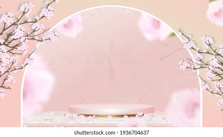Luxury Podium Display with Spring Apple Blossom on Blue and Pink pastel Sky background,Vector Realistic 3D of Pink Gold Cylinder Stand platform on Rose gold foil Marble with Blossoming pink sakura 