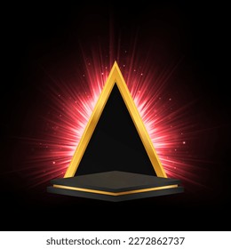 Luxury podium with glowing rays. Sparkle empty podium for product presentation. Shiny black award platform with lighting effect.