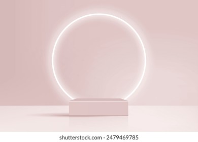 Podio de lujo con un anillo brillante detrás. Diseño de podio rosa. ILUSTRACIÓN VECTORIAL EPS 10. Moderno maqueta de Vector.