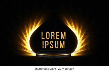 Luxury podium with glowing wings. Sparkle podium for product presentation. Shiny black award platform with lighting effect.