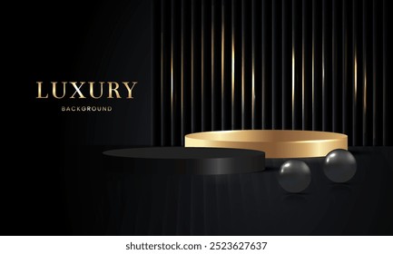 Luxo pódio em cor dourada . Fundo escuro com um efeito de textura de vidro com nervuras. Um conceito de design de palco luxuoso. Ilustrações vetoriais.