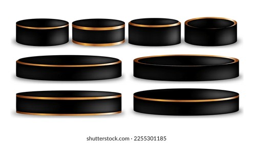 luxury podium sets. black platforms in different shapes and gold outlines. Empty stage for product, decoration, advertisement, exhibition, contest, prize, winner. studio platforms.