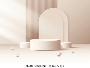 Soporte de podio de lujo en colores pastel beige. Fondo de podio vacío. Diseño de presentación de Producto, maqueta, producto cosmético. Escena mínima beige con plataforma, arco y esferas. Vector 3d realista