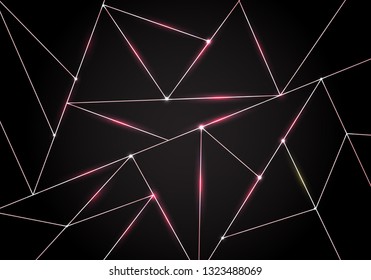 Luxury polygonal pattern and pink gold triangles lines with lighting on dark background. Geometric low polygon gradient shapes. Vector illustration