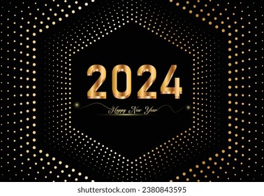 Luxury polygonal pattern shiny template of Happy new year 2024, shiny golden halftone polygonal background, 2024 new year template with luxury pattern, vector art illustration