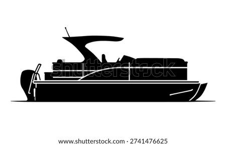 Luxury Pontoon Boat Silhouette Vector Illustration Modern Deck Boat Watercraft Design for Summer Vacation Lake Life Marine Recreation