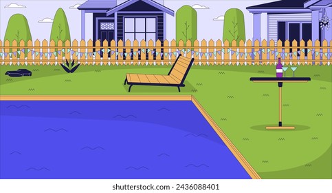 Luxury poolside area cartoon flat illustration. Party and relax. Backyard swimming pool in summer 2D line landscape colorful background. Recreation at swimpool scene vector storytelling image