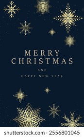 Luxury post card frame for Christmas, Happy New Year vector design. A banner of premium Christmas concepts, gold snow flakes on dark blue background. Luxury snow flakes frame