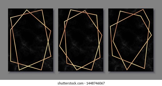 Luxury posters set with black marble texture and gold polygonal frames. Vintage templates in art deco style: cards, banners, brochures, flyers etc. Perfect for Black Friday Sale, wedding, party.