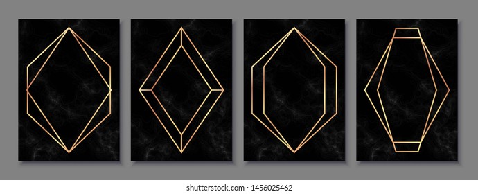 Afiches de lujo con textura de mármol negro y marcos polígonales dorados. Plantillas antiguas en estilo art decó: tarjetas, banners, folletos, volantes, etc. Perfecto para la venta del Viernes Negro, boda, fiesta.