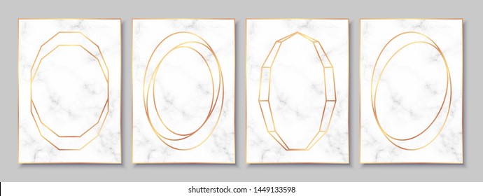 Luxury posters set with white marble texture and gold circular frames. Vintage templates in art deco style: cards, banners, brochures, flyers etc. Perfect for wedding invitations, party flyers etc.