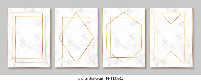 Luxury posters set with white marble texture and gold polygonal frames. Vintage templates in art deco style: cards, banners, brochures, flyers etc. Perfect for wedding invitations, party flyers etc.