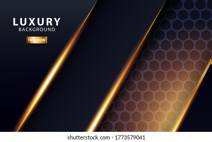 banner de fondo de vector negro de lujo premium abstracto, con línea dorada.Capas superpuestas con efecto de papel.Efecto de luz realista sobre fondo hexágono texturizado.ilustración vectorial