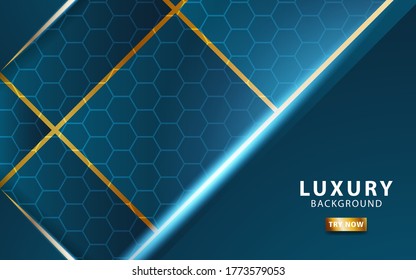 luxury premium abstract blue vector background banner, with gold line.Overlap layers with paper effect.Realistic light effect on textured hexagon background.vector illustration.