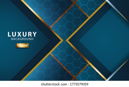 luxury premium abstract blue vector background banner, with gold line.Overlap layers with paper effect.Realistic light effect on textured hexagon background.vector illustration.