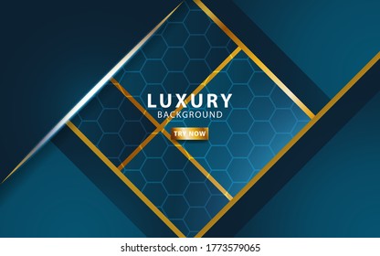 luxury premium abstract blue vector background banner, with gold line.Overlap layers with paper effect.Realistic light effect on textured hexagon background.vector illustration.