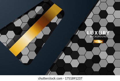 Luxury premium black and gold overlap layers background banner design. Realistic golden light effect on textured hexagon background.