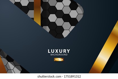 Luxury premium black and gold overlap layers background banner design. Realistic golden light effect on textured hexagon background.