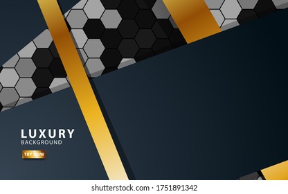 Luxury premium black and gold overlap layers background banner design. Realistic golden light effect on textured hexagon background.