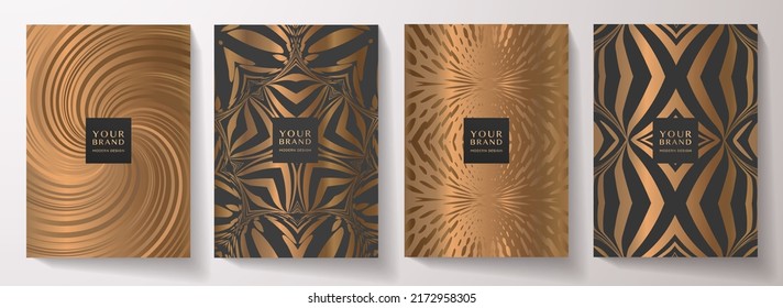 Luxury premium cover design set. Abstract background with gold and black line pattern. Royal vector template for menu, brochure, flyer layout, lux invite card