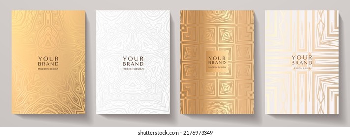 Luxury premium cover design set. Abstract background with gold, silver, white line pattern. Royal vector template for vertical menu, brochure, flyer layout, lux invite card