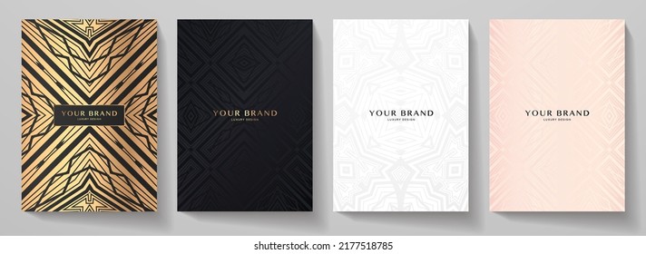 Luxury premium cover design set. Abstract background with gold, pink, black, white line pattern. Royal vector template for vertical menu, brochure, flyer layout, lux invite card