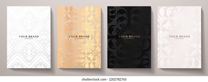 Luxury premium cover design set. Abstract background with gold, silver, black, white line pattern. Royal vector template for vertical menu, brochure, flyer layout, lux invite card