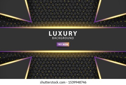 luxury premium dark abstract overlay layers background. Realistic light effect on textured black circle background.with purple gold line.digital template,vector illustration.