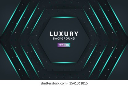 luxury premium dark abstract overlay layers background. Realistic light effect on textured black pentagon and dots background.with blue line.digital template,vector illustration.