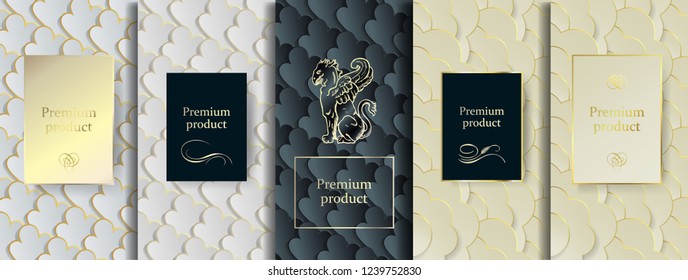 Luxury Premium design. Vector set packaging templates with different texture for luxury products. Collection of design elements, labels, frames, for packaging, with golden foil on black background