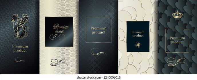 Luxury Premium design. Vector set packaging templates with different texture for luxury products. Collection of design elements, labels, frames, for packaging, with golden foil on black background