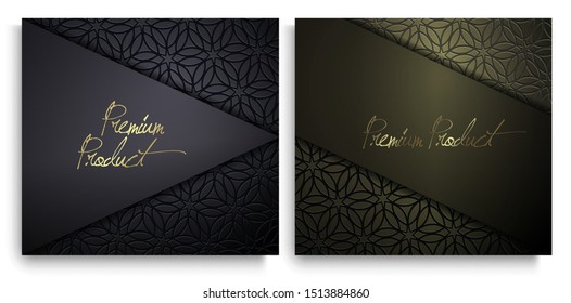 Luxury Premium design. Vector set packaging templates with different texture for luxury products. Collection of design elements with golden foil. 	
Black paper cut background. VIP design