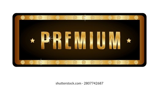 Luxury premium gold label with metallic text, decorative border, sparkling diamond accents and elegant black background. Glossy VIP badge for branding, packaging, certificates and exclusive products.