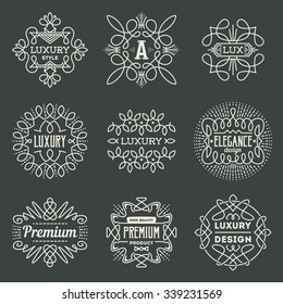 Luxury Premium Insignias Retro Design Logotypes Template Set. Line Art Vector Vintage Style Elements. Elegant Geometric Shiny Frames.