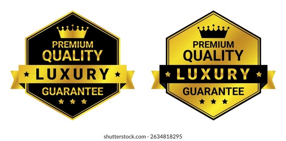 luxury premium quality guarantee badges in black and gold color with crown used for branding or certification	