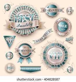 luxury premium quality labels collection over pearl pink background