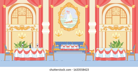 Luxury Premium Restaurant Banquet Hall with Festive Decorated Tables and Chairs Ready for Party or Solemn Event Celebration. Catering for Wedding Ceremony Feast. Flat Cartoon Vector Illustration.