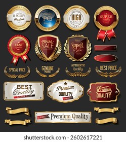 Luxury premium sale golden badges, labels laurel wreaths and shield vector design