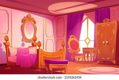 Luxury princess bedroom interior in victorian style. Royal house or palace room with bed, mirror in golden frame, chair, table and wardrobe in morning, vector cartoon illustration