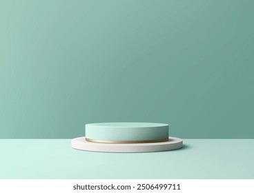 Luxury Product Display with 3D Green Circular Podium and White Cylindrical Pedestal on Mint Background for Refined Showcase, Template, and Branding Concepts