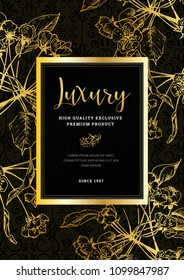Luxury Product Label, Vector Illustration with Hand Drawn Floral Elements, Flat Banner with Header and Text on Blossoming Tree Branches Background. Engraved style template with Flowers and Leaves.