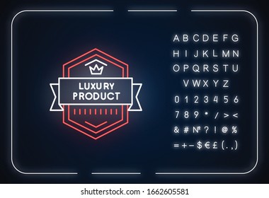 Luxury product neon light icon. Outer glowing effect. Sign with alphabet, numbers and symbols. Luxurious premium goods badge with crown and banner ribbon vector isolated RGB color illustration