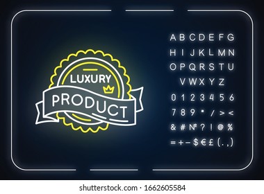 Luxury product neon light icon. Outer glowing effect. Sign with alphabet, numbers and symbols. Expensive premium quality goods badge with crown and banner ribbon vector isolated RGB color illustration