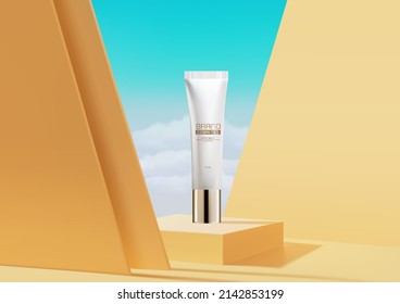 Luxury Product On Gold Stage Podium . background of clear sky with clouds .  branding and product presentation