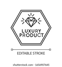 Luxury product pixel perfect linear icon. Thin line customizable illustration. Jewellery, expensive product contour symbol. Emblem with diamond vector isolated outline drawing. Editable stroke