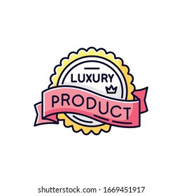 Luxury product RGB color icon. Brand equity, superior status. Expensive premium quality goods badge with crown and banner ribbon isolated vector illustration